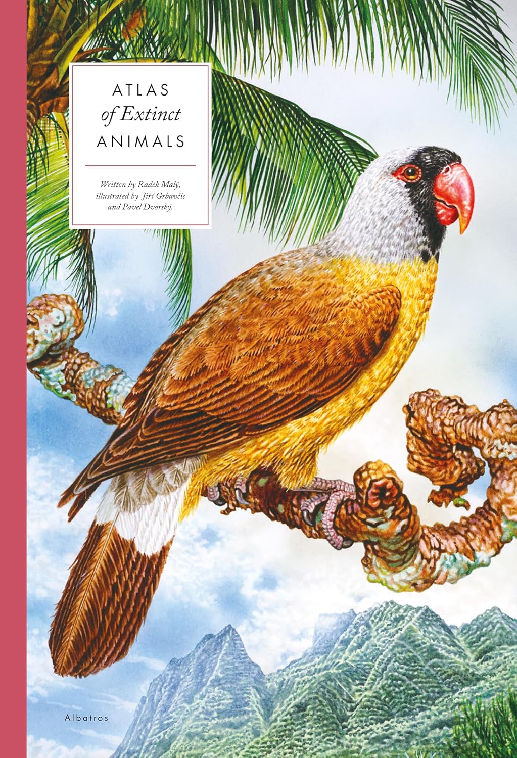 Book cover of 'Atlas of Extinct Animals' with a colorful bird illustration and mountainous background.