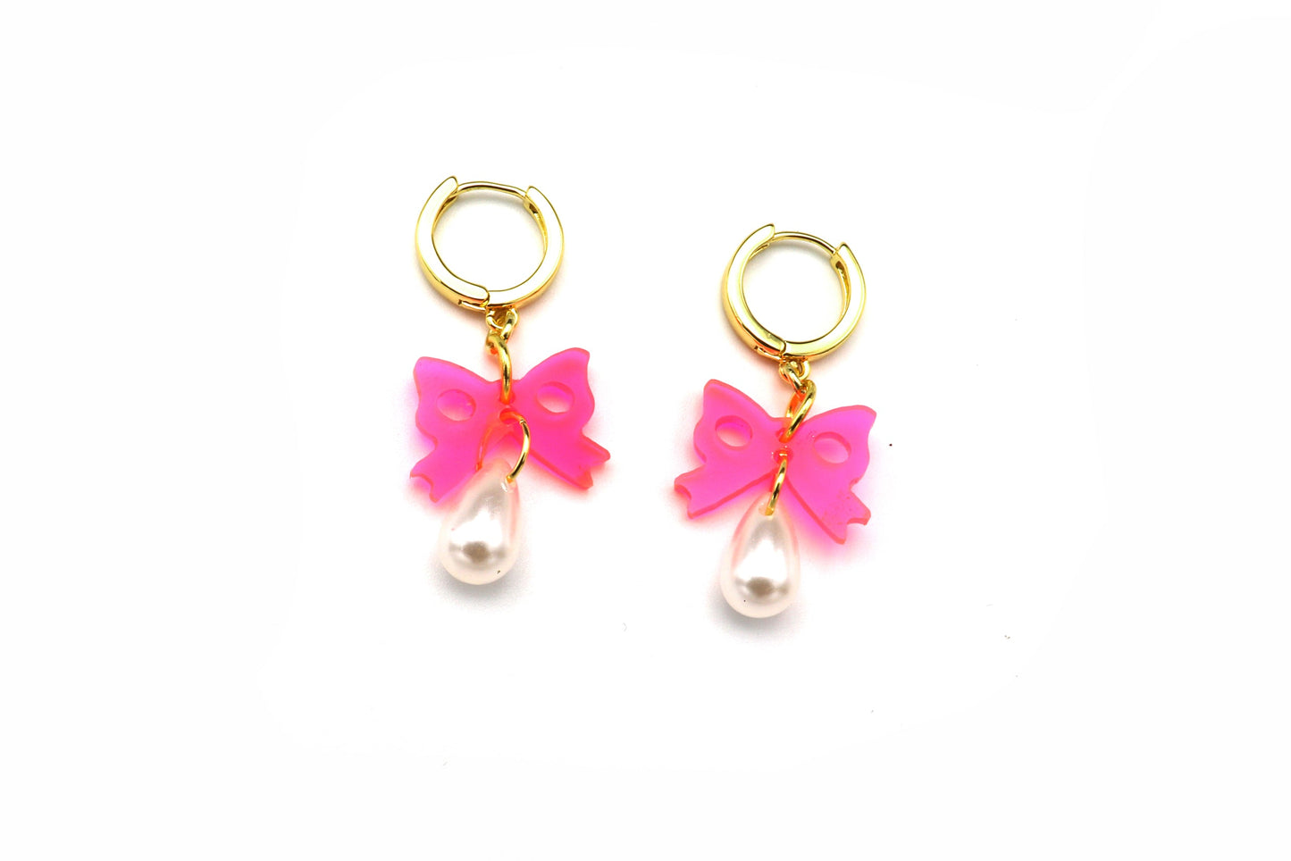 Neon Pink Bow Pearl Drop Earrings