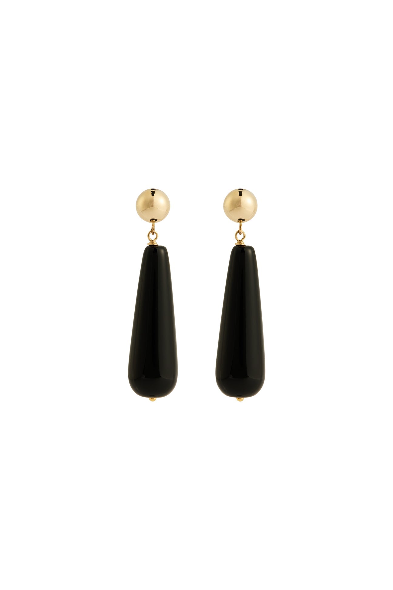 Pair of black teardrop earrings with gold tops on a white background