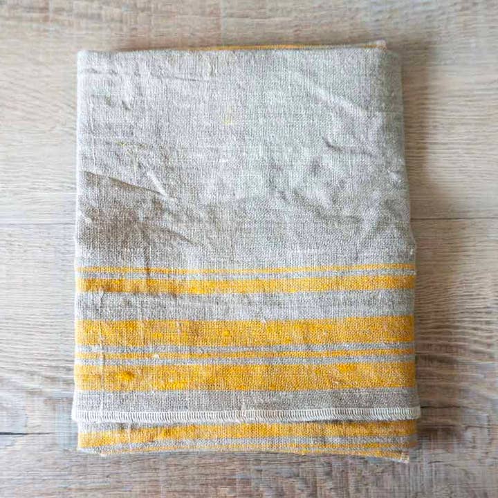 Linen Cloth Tea Towel - Rustic Natural Yellow Stripe