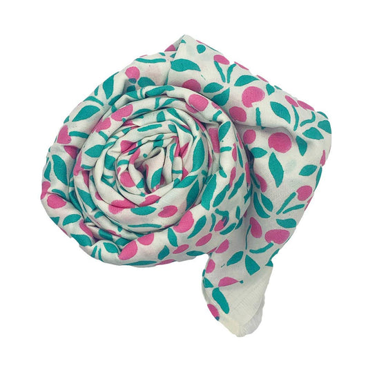 Donna Cotton Scarf in Pink Aqua Cherries