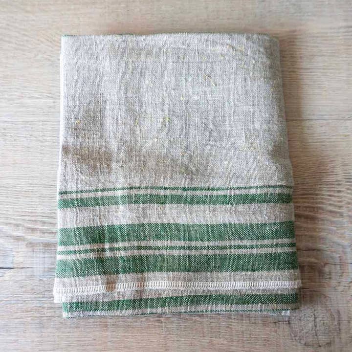Linen Cloth Tea Towel - Rustic Natural Green Stripe