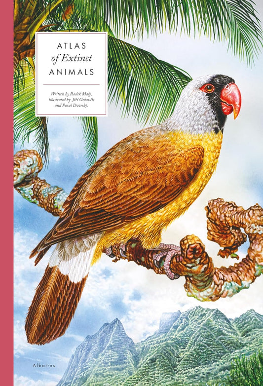 Book cover of 'Atlas of Extinct Animals' with a colorful bird illustration and mountainous background.
