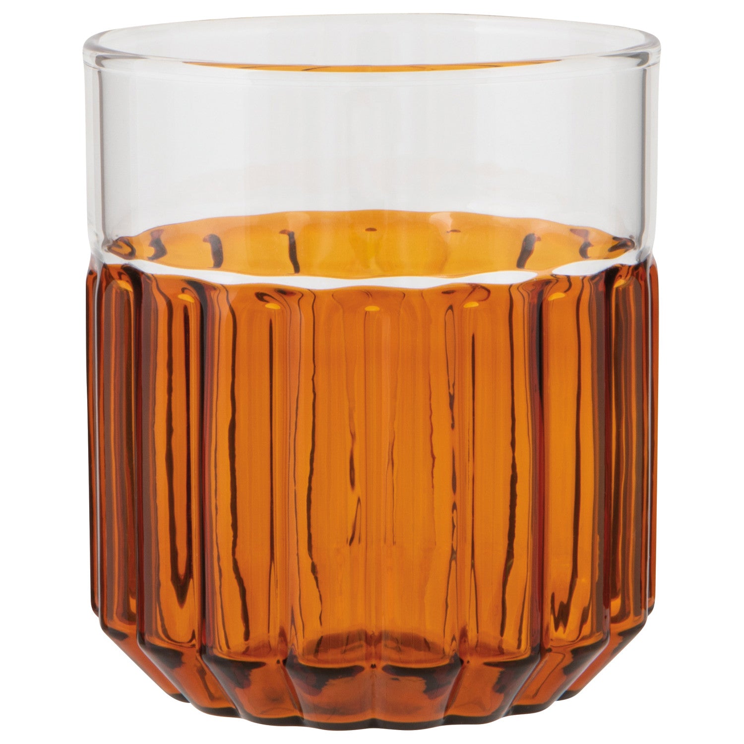 Amber glass tumbler with ribbed design on a white background