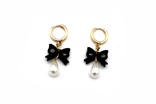 Ink Bow Pearl Drop Earrings