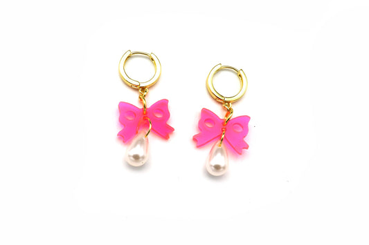 Neon Pink Bow Pearl Drop Earrings