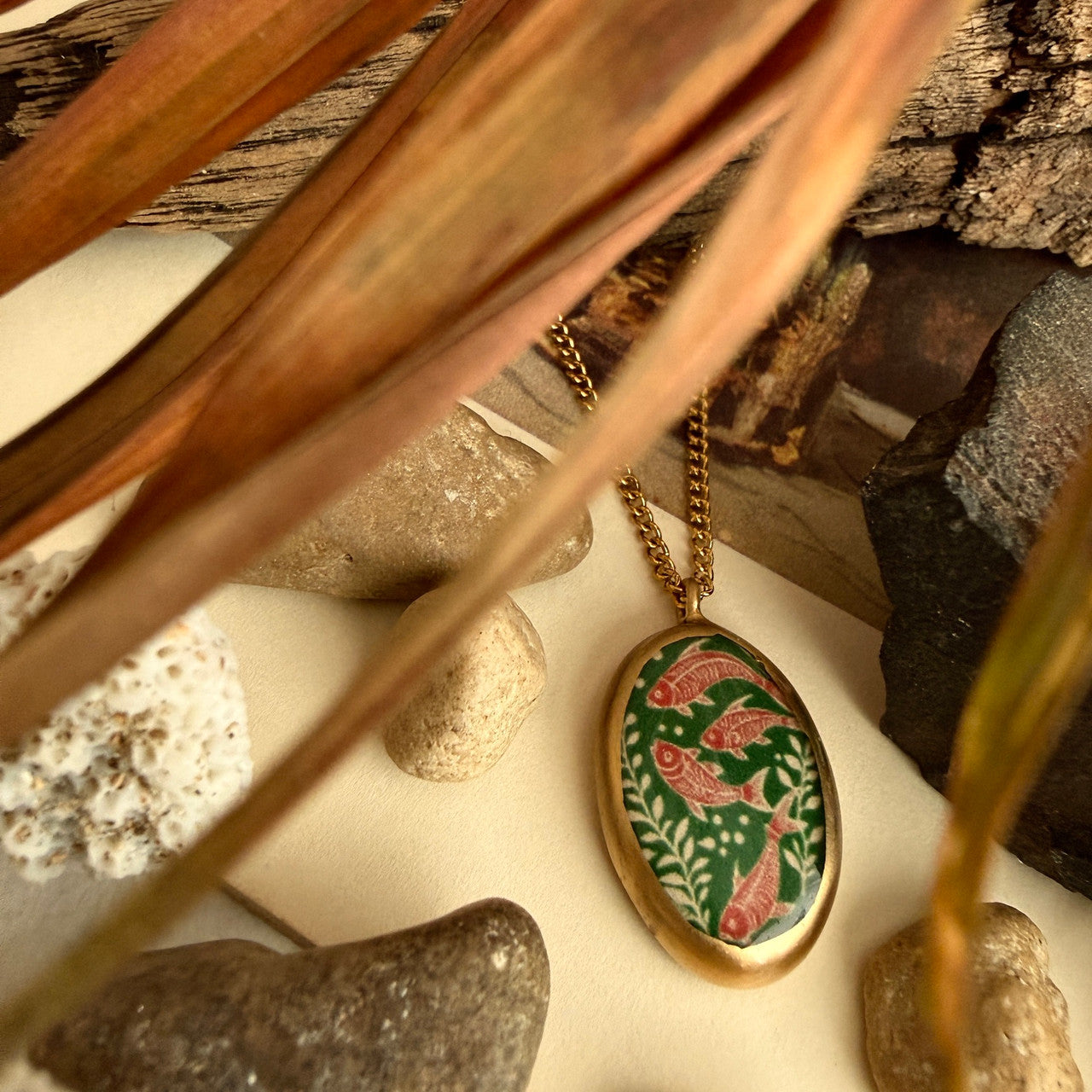 "Unzari" Koi Fish Oval Cold Porcelain Charm Necklace in Gold