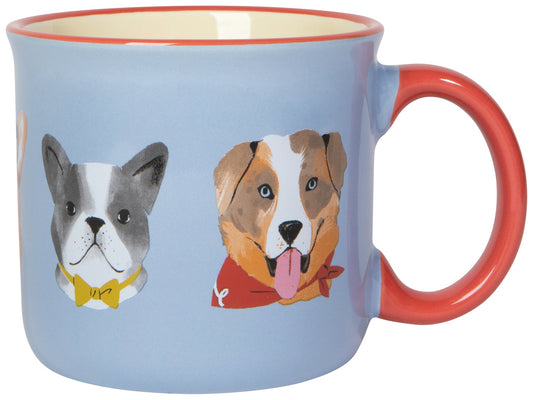 A blue stoneware mug with a red handle, featuring illustrations of two dogs with bow ties.