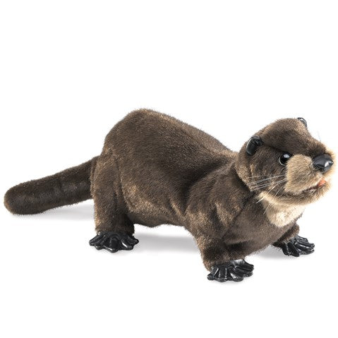 A hand puppet designed to resemble a river otter with chestnut fur and black leathery feet.